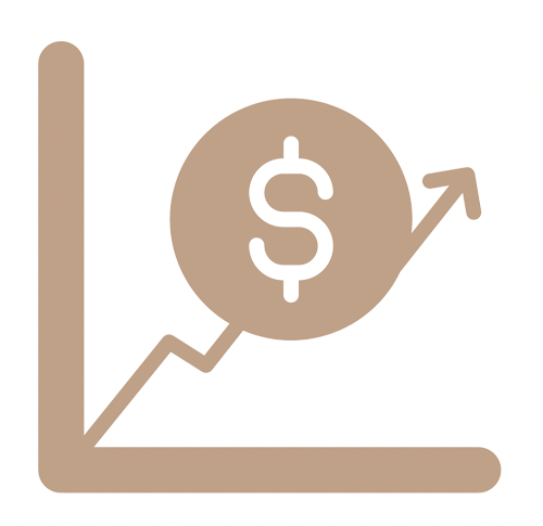 A financial chart in an uptrend with a dollar sign covering the middle section, coloured in brown.