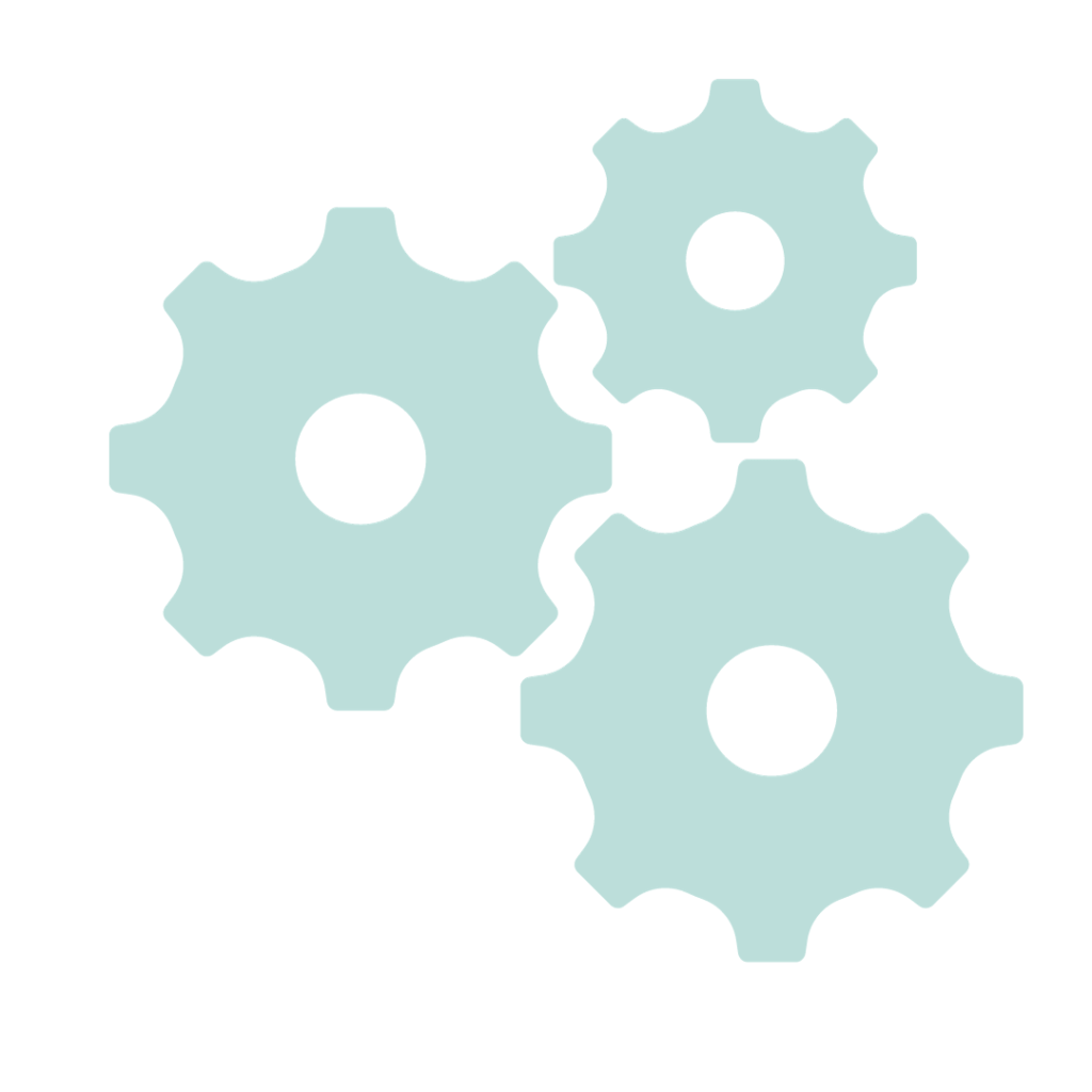 Graphic of three light blue cogs to represent the possible connectivity between AI and the financial industry. 